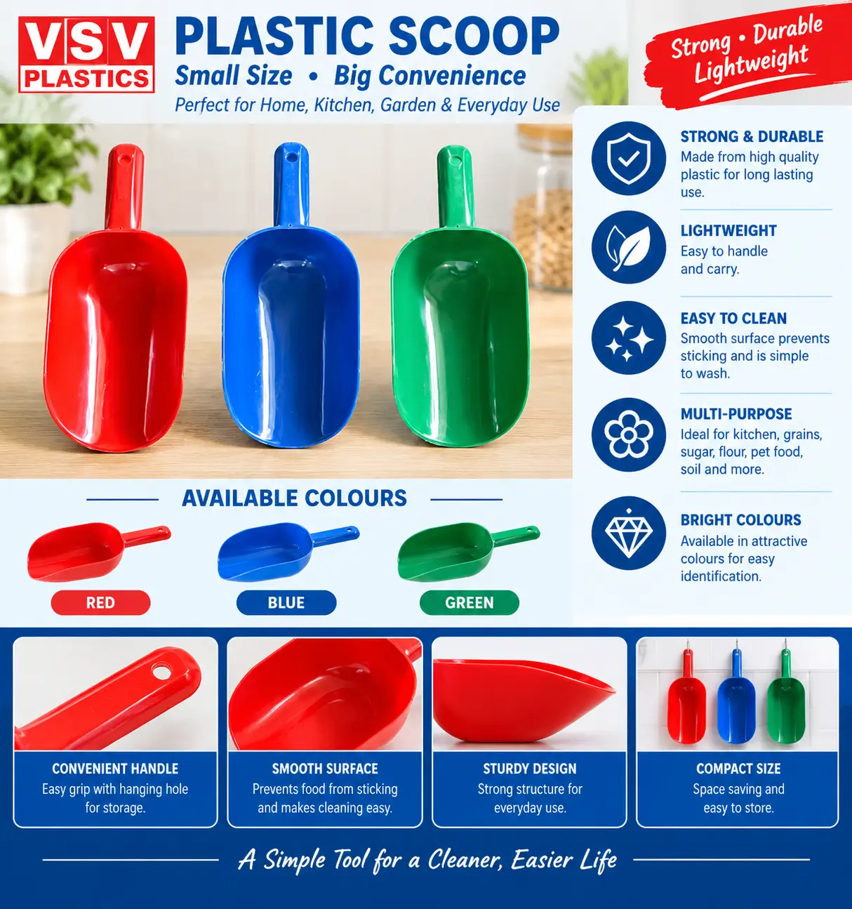 Small V.S.V plastic scoops in red, blue and green
